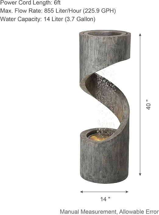 Glitzhome Decorative Tiered Outdoor Water Fountain with LED Light Vintage Curved Waterfall Fountain with Stone Planter Rustic Decor for Garden Patio Deck Porch, 40”H
