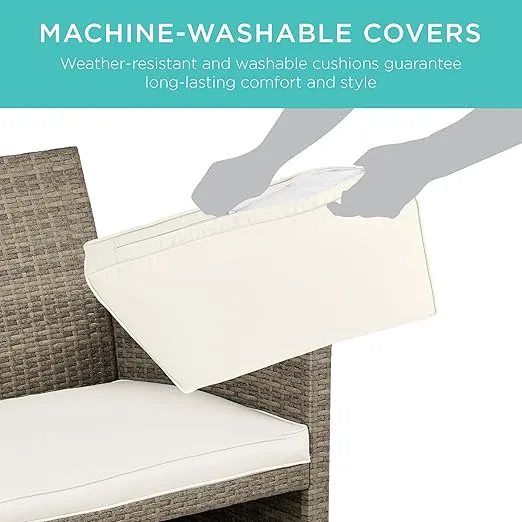 Best Choice Products 4-Piece Outdoor Wicker Patio Conversation Furniture Set for Backyard w/Coffee Table, Seat Cushions - Taupe/White Sand