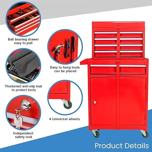 Tool Cabinet, Tool Chest with Wheels, Garage Tool Box, 5 Drawer Rolling Tool Chest and 2 Lockers, Detachable Storage Cabinet, for Garage Warehouse Workshop, Red