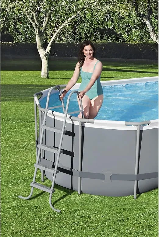 Bestway Power Steel 18' x 9' x 48" Oval Metal Frame Above Ground Outdoor Swimming Pool Set with 1500 GPH Filter Pump, Ladder, and Pool Cover
