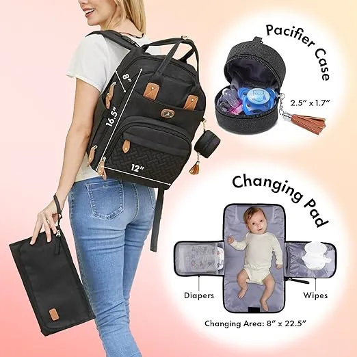Dikaslon Diaper Bag Backpack with Portable Changing Pad, Pacifier Case and Stroller Straps, Large Unisex Baby Bags for Boys Girls, Multipurpose Travel Back Pack Moms Dads, Black