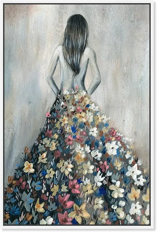 Oliver Gal Girl with Flower Thoughts Canvas Print Wall Art for Living Room, Bedroom, and Bathroom, 24" x 36", White Floater Frame