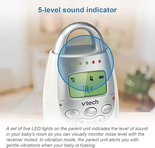 VTech DM221 Audio Baby Monitor with up to 1,000 ft of Range, Vibrating Sound-Alert, Talk Back Intercom & Night Light Loop, White/Silver