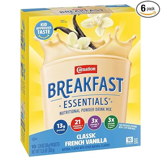 Carnation Breakfast Essentials Powder Drink Mix, Classic French Vanilla, 10 Count Box of 1.26 Ounce Packets (Pack of 6)