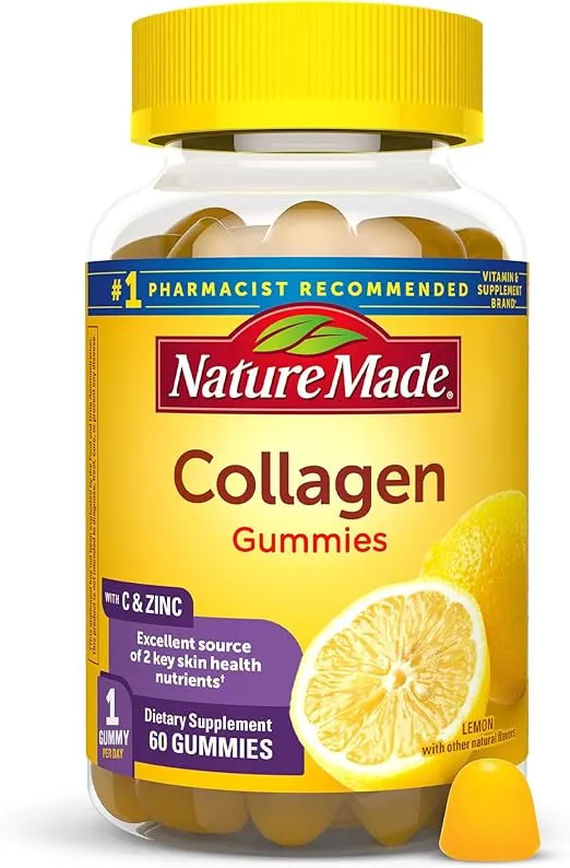 Nature Made Collagen Gummies with Vitamin C, Zinc and Biotin, Hydrolyzed Collagen Peptides Supplement for Healthy Skin Support, 60 Gummies, 60 Day Supply
