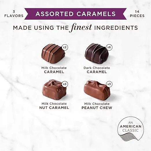 Russell Stover Assorted Caramels in Milk and Dark Chocolate, Mother's Day Chocolate Gift Box, 9 Ounce