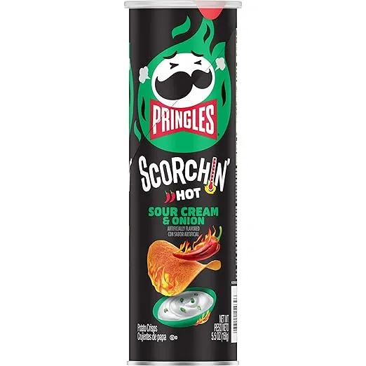 Pringles Scorchin' Potato Crisps Chips, Sour Cream and Onion, Fiery Spicy Snacks, 5.5oz Can
