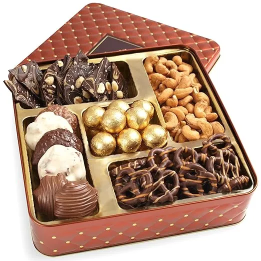 Holiday Chocolate and Nut Sweet and Savory Gift Basket for Thanksgiving, Christmas Gifts | Gourmet Holiday Snack Tin Box |Mixed Nuts and Chocolate Peanut Butter| Bonnie & Pop