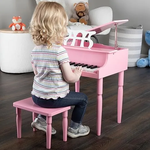 Kids Piano - 30 Key Mini Grand Piano with Music Stand, Bench, and Note Stickers - Piano for Beginners - Instruments for Kids by Hey Play (Pink)