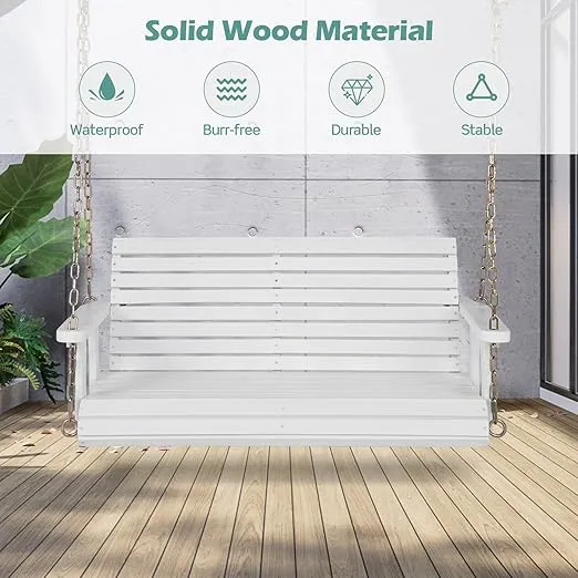 Giantex Wooden Porch Swing 2 Seat - Outdoor Swinging Chairs with Hanging Chains, 600 lbs Weight Capacity, 4 FT Finished Fir Wood Bench Swing for Patio, Outside, Garden, Lawn, Backyard (White)