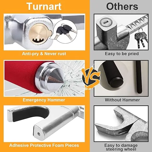 Turnart Steering Wheel Lock Universal Car Lock Anti-Theft Device Retractable Steering Lock with 3 Keys for Auto/Truck/SUV/Van (Red)