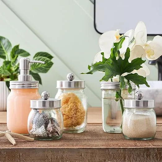 Mason Jar Bathroom Accessories Set – 5-Piece Bathroom Set with Toothbrush Holder, Soap Dispenser, Canister, and 2 Small Jars by Lavish Home (Silver)