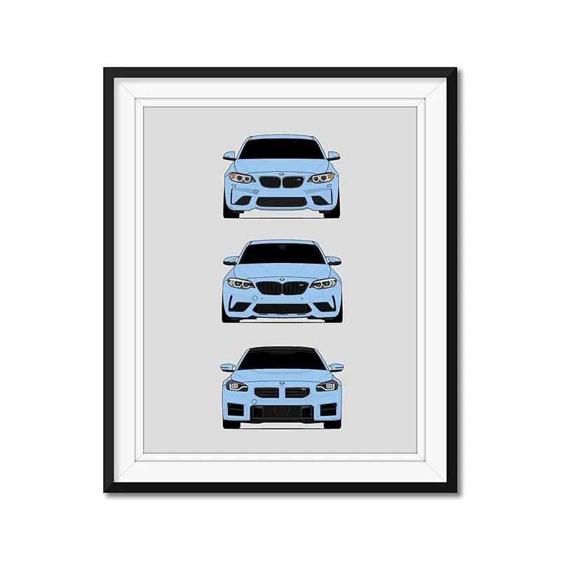 History of BMW M2 Generations and Handmade Print of BMW M2 F87 G87 - Zandvoort Blue, 16x20" Satin Print (Unframed) - Perfect Gift for Car Enthusiast