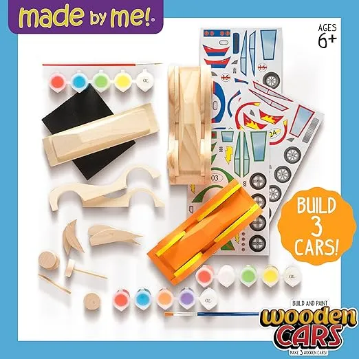 Made By Me Build & Paint Your Own Wooden Cars by Horizon Group USA, DIY Wood Craft Kit, Easy to Assemble & Paint 3 Race Cars, Multicolored