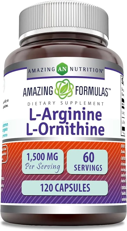 Amazing Formulas L-Arginine/L-Ornithine 1500 Mg Per Serving, Capsules | Non-GMO | Gluten Free | Amino Acid Supplement (120 Count)