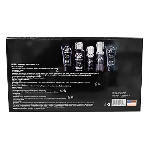 Beverly Hills Polo Club BHPC Sexy 5 Piece Gift Set Collection (Hair & Body Wash Deodorant Cologne Body Spray After Shave)