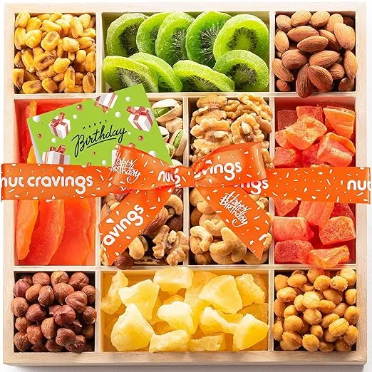 NUT CRAVINGS Gourmet Collection - Dried Fruit & Mixed Nuts Gift Basket in Reusable Wooden Tray + Ribbon (12 Assortments) Arrangement Platter, Healthy Kosher USA Made Corporate Gifts