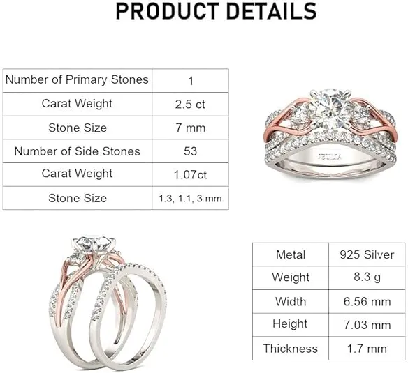 Jeulia Two Tone Rings for Women Rose Gold Three Stone Round Cut Engagement Rings Sterling Silver Halo Bridal Ring Set Anniversary Promise Wedding Ring with Jewelry Gift Box