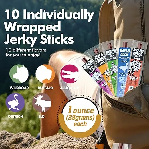 Jerky-n-Spice Wild Game Meat Sticks (10-Pack), Exotic Beef Jerky Variety Pack, Carnivore Snacks, Beef Jerky Snack Packs, Gift Basket Men, Exotic Snacks, Meat Snacks, Gift Box Men, Carnivore Snax