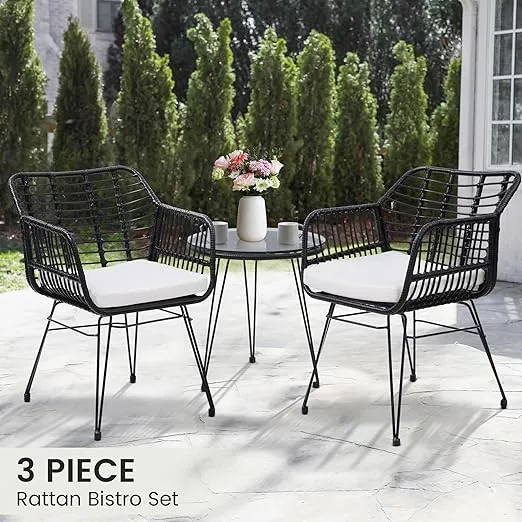 3 Pieces Wicker Patio Bistro Furniture Set, Includes 2 Chairs and Glass Top Table, Ideal for Porch, Outdoor, Backyard, Apartment, Balcony Black Color