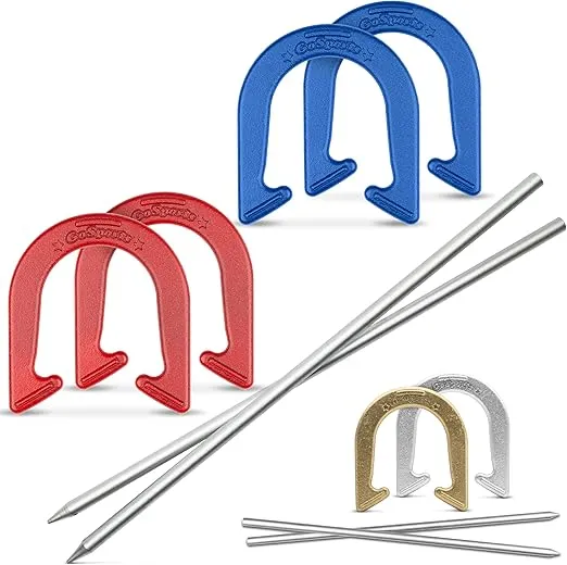 GoSports Steel Horseshoes Outdoor Game Set - Official Size and Weight - Gold & Silver or Red & Blue