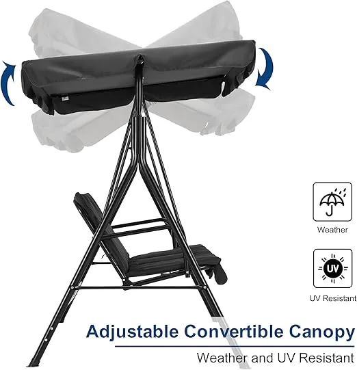 MCombo 3-Person Outdoor Patio Swing Chair, Convertible Canopy Hanging Swing Glider Lounge Chair, Removable Cushions, 4003 (Black)