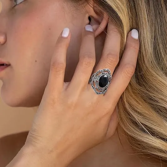 Retro Vintage Cocktail Statement Ring Black Marcasite & Crystal Rings for Women Antique Silver Big Black Onyx Stone Ring