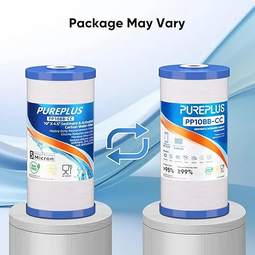 PUREPLUS 5 Micron 10" x 4.5" Whole House Sediment and Carbon Water Filter Replacement Cartridge for GE FXHTC, GXWH40L, GXWH35F, GNWH38S, Culligan RFC-BBSA, WRC25HD, PP10BB-CC, Pentek RFC-BB, 2Pack