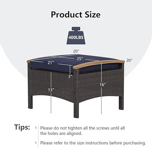 RELAX4LIFE Outdoor Wicker Ottomans for Patio - 2 Pieces PE Rattan Ottoman, Footrest Seat with Zippered Cushions, Acacia Wood Handles, 3-in-1 Footstool, Side Table for Poolside, Backyard (Navy)