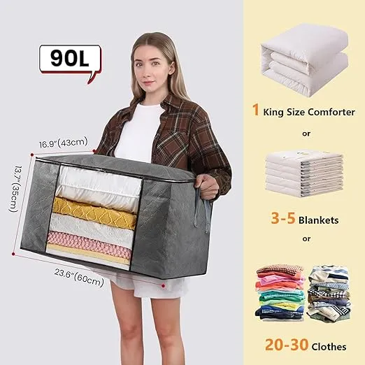 90L Grey Large Storage Bags, 6 Pack Foldable Closet Organizers Linen Storage Containers with Zippers and Durable Handle for Clothing, Blanket, Comforters, Pillows, Sweaters and Toys