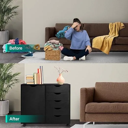 Naomi Home Amy 5 Drawer Chest, Wood Storage Dresser Cabinet with Wheels, Craft Storage Organization, Makeup Drawer Unit for Closet, Bedroom, Office File Cabinet 180 lbs Total Capacity - Black