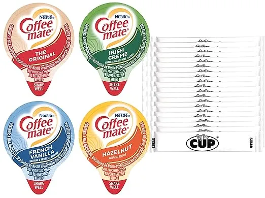 Coffee mate Liquid .375oz Variety Pack (4 Flavor) 100 Count includes Original, French Vanilla, Hazelnut, Irish Creme & By The Cup Sugar Packets