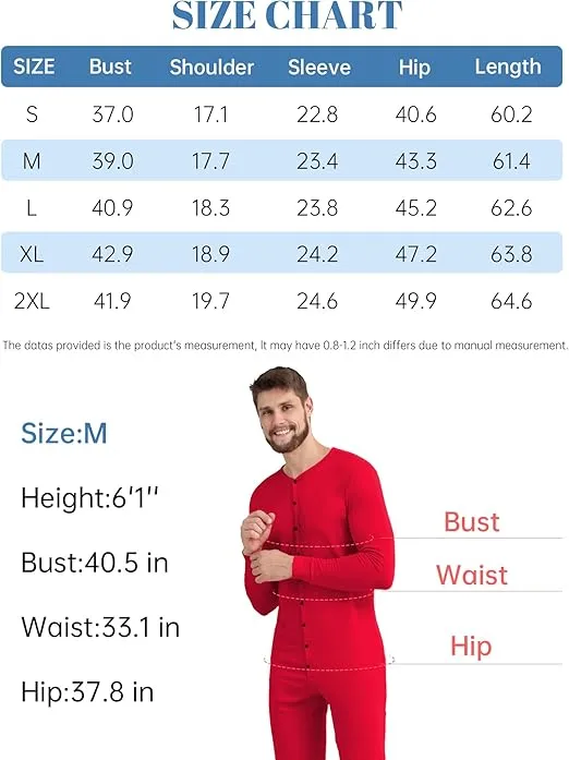 COLORFULLEAF Men's Cotton Thermal Underwear Union Suits Henley Onesies Base Layer