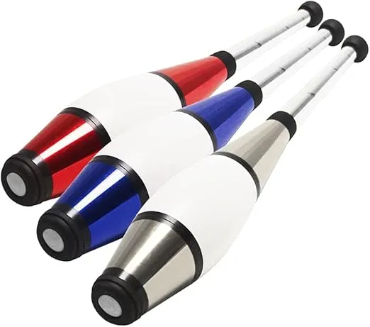 Zeekio - Pegasus Juggling Club Set - Premium Quality - for Beginners, All Levels - Multi-Piece Durable Design - Scuff Resistant - Rubber Knob & Cap - 20.5”L - Set of 3 - Blue, Red & Silver