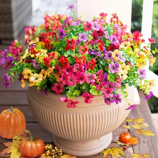Artificial Faux Plants Flowers Outdoor Spring Summer Decoration, 12 Bundles Fake Silk Colorful Daisy Eucalyptus Realistic UV Resistant for Outside Home Planter Porch Patio Yard Decor