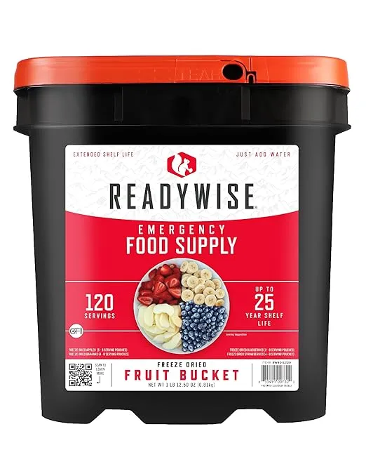 READYWISE - Emergency Food Supply, Fruit Bucket, 120 Servings, MRE, Premade, Freeze Dried Survival Food for Hiking, Adventure & Camping Essentials, Individually Packaged, 20 Year Shelf Life