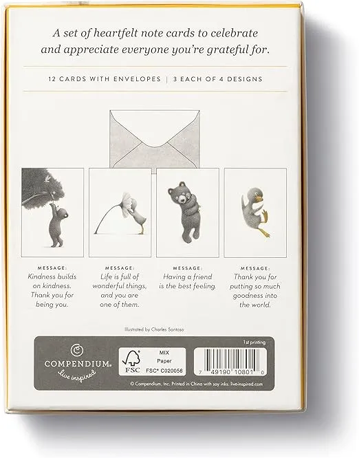 Compendium Boxed Note Cards – So Much Gratitude – 12 Note Cards for Appreciation & Friendship with Adorable Duckling and Bear Cub Illustrations