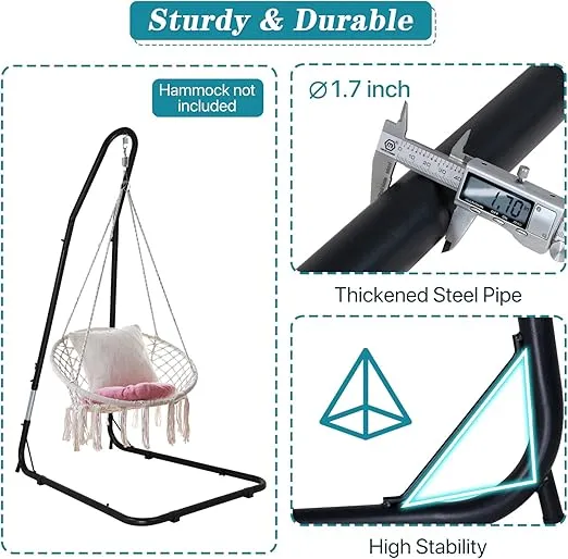 Hammock Chair Stand Portable Heavy Duty Solid Steel Stand Only Outdoor Indoor Hanging Stand for Air Porch Swing Chair w/Weather-Resistant Finish, Offset Base, 360-Degree Rotation, Black