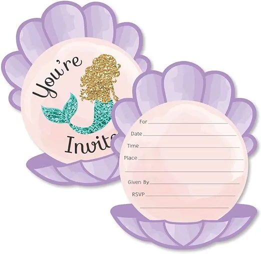 Big Dot of Happiness Let's Be Mermaids - Shaped Fill-In Invitations - Baby Shower or Birthday Party Invitation Cards with Envelopes - Set of 12