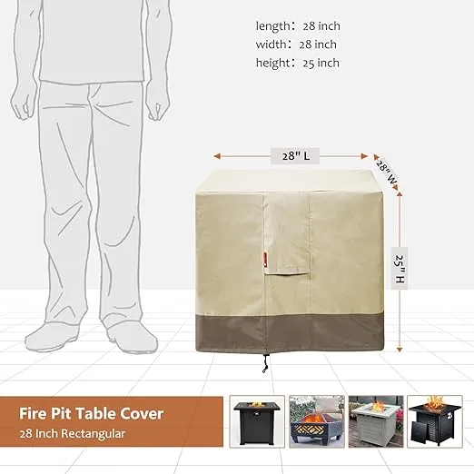 SheeChung Fire Pit Cover Square 28" L x 28" W x 25" H Waterproof 600D Heavy Duty Patio Fire Pit Table Cover Fits 24-28 Inch Firepit Bowl Outdoor Cover Beige