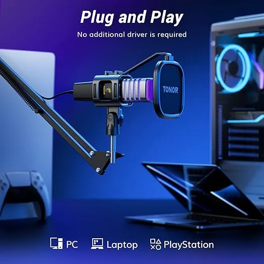 TONOR USB Gaming Microphone, RGB Streaming Microfono Set, PC Podcast Recording Computer Mic for PS4/5, Discord, Twitch, Cardioid Condenser Mic with Adjustable Boom Arm Stand TC30S+