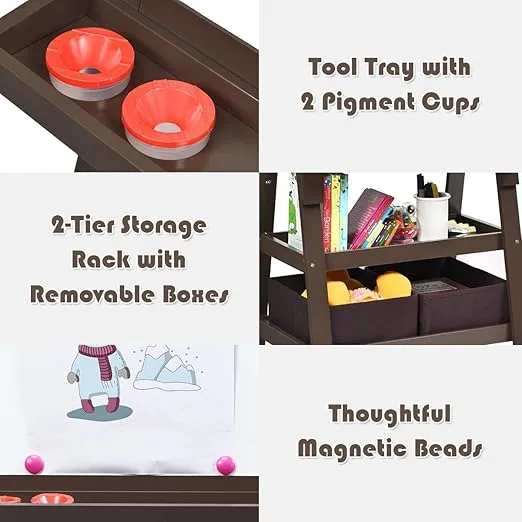 OLAKIDS Easel for Kids, 3 in 1 Wooden Standing Art Easel with Double Sided Drawing Board, Chalkboard and Magnetic Whiteboard, Painting Easel with 2 Shelves, 2 Storage Boxes, Paper Roller (Light Brown)