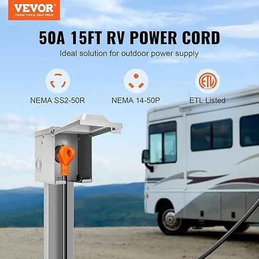 VEVOR 15 Feet RV Power Cord, 50 Amp, Heavy Duty STW 6/3 + 8/1 Generator Cord, NEMA 14-50P Male NEMA SS2-50R Female Plug, with LED Indicator Handle 15A Adapter, for RVs, ETL Listed