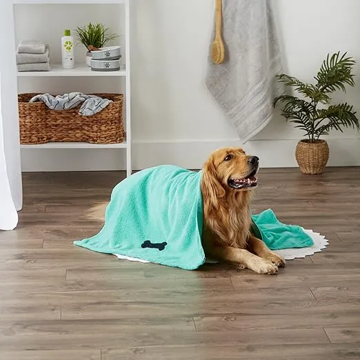 Bone Dry Embroidered Pet Grooming Towel Collection, Absorbent Microfiber X-Large, 41x23.5, Green
