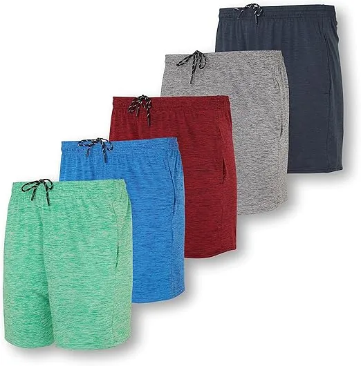 Real Essentials 5 Pack: Men's 5" Inseam Dry-Fit Running Workout Shorts - Pockets & Drawstring (Available in Big & Tall)