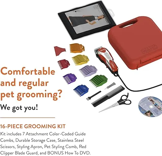 Wahl Professional Animal Deluxe U-Clip Pet, Dog, & Cat Clipper & Grooming Kit - Red and Chrome