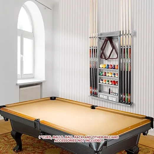 GSE Games & Sports Expert 8 Pool Cue Wall Rack with Score Counter, Pool Cue Stick Hanging Wall Mounting Rack Only, Holds 8 Pool Cue Sticks, 2 Ball Racks and Full Set of Balls (Brushed Grey)
