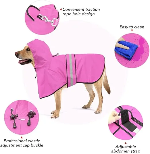 Waterproof Dog Raincoat - Adjustable Pet Rain Coats, Lightweight Hooded Slicker Poncho Rain Jacket for Small to X- Large Dogs and Puppies (Pink, X-Large)