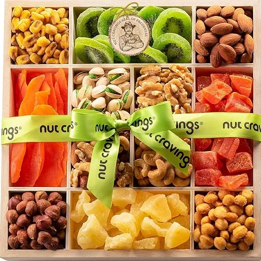 NUT CRAVINGS Gourmet Collection - Holiday Christmas Dried Fruit & Mixed Nuts Gift Basket in Reusable Wooden Tray + Ribbon (12 Assortments) Xmas Kwanzaa Arrangement Platter, Healthy Kosher Corporate