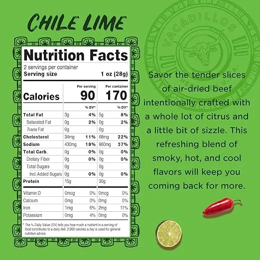 Vacadillos Beef Jerky Snack Packs Carne Seca, Chile Lime 3-Pack